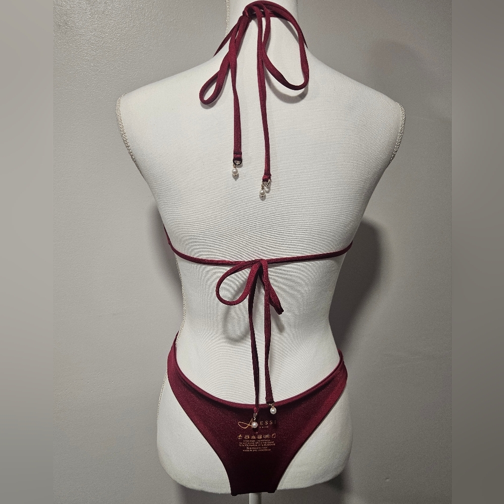 ALESSI SWIM Metallic Burgundy Cut-Out Monokini Gold Ring Detail Womens Size L - Picture 6 of 8